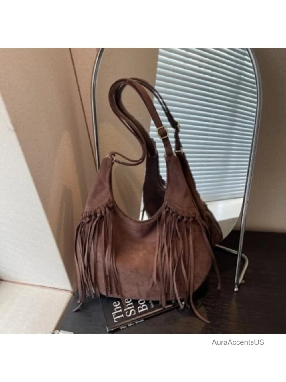 Faux Suede Fringe Hobo Bag, Magnetic Closure Shoulder Purse